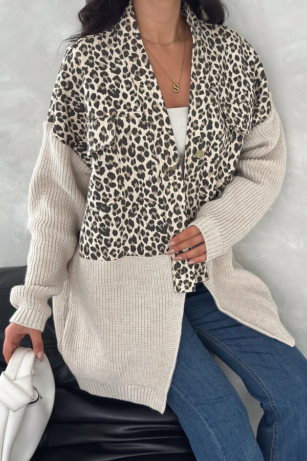 Kadın Haki Leopar Desen Standart Beden Triko Detaylı Tasarım Oversize Kot Ceket - Açık Haki