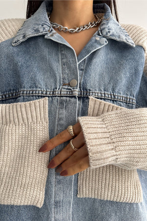 Kadın Kolları Ve Cebi Trikolu Oversize Denim Kot Garnili Hırka - Bej