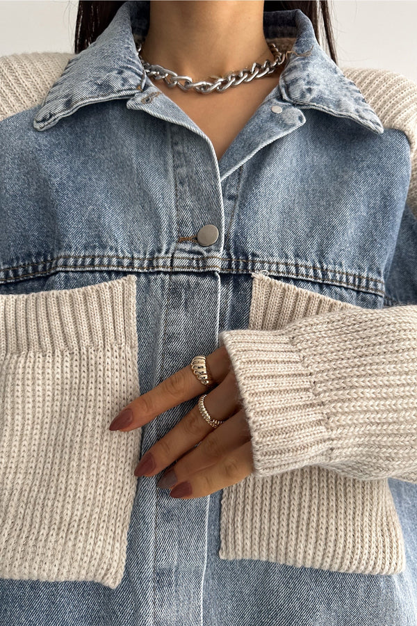 Kadın Kolları Ve Cebi Trikolu Oversize Denim Kot Garnili Hırka - Bej