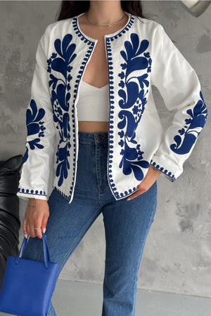 Kadın Komple Nakış İşlemeli Vintage Ceket - Mavi