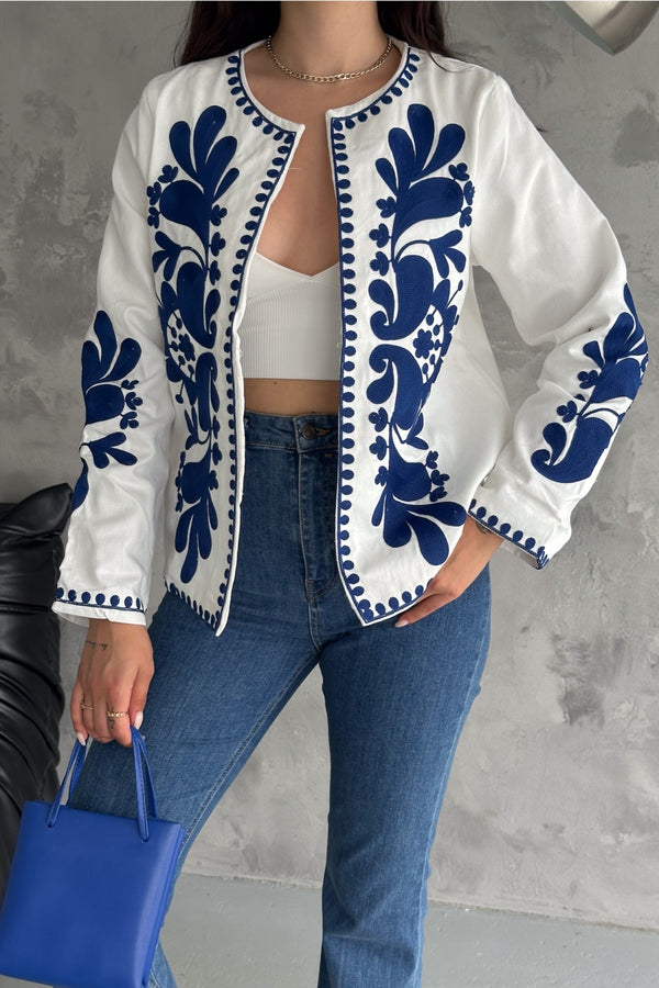 Kadın Komple Nakış İşlemeli Vintage Ceket - Mavi