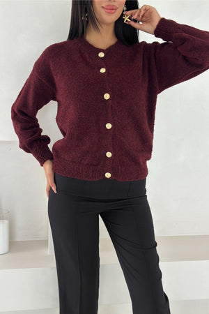 Gold Düğme Detaylı Triko Hırka Standart Beden Yumuşak Doku - Bordo