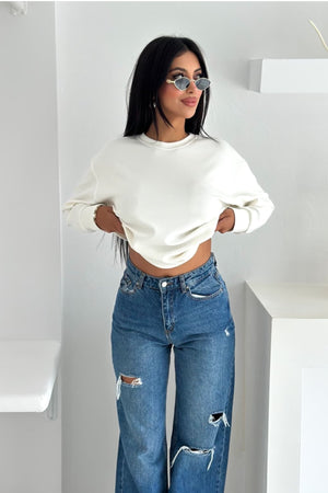 Modal Kumaş Basic Sweatshirt - Beyaz