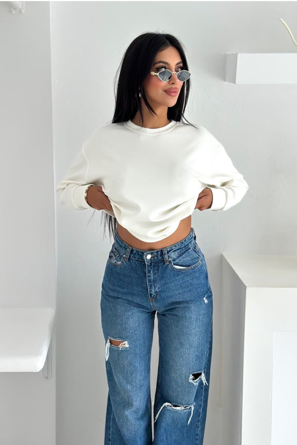 Modal Kumaş Basic Sweatshirt - Beyaz