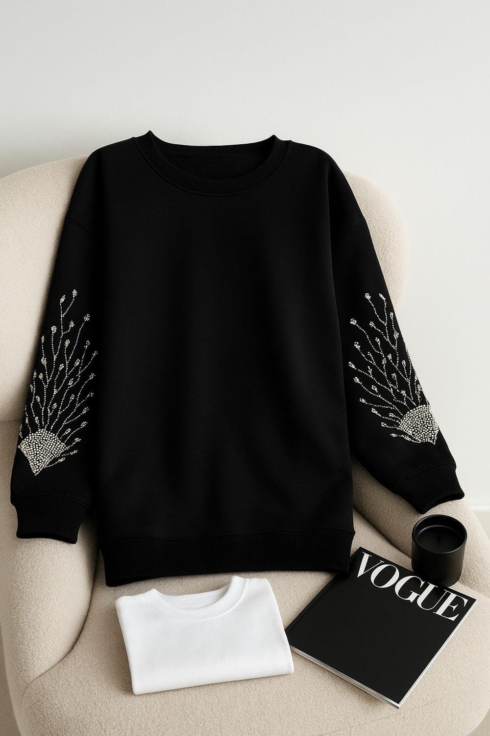 Kolları Boncuk Ve Taş İşlemeli %100 Pamuk Sweatshirt - Siyah
