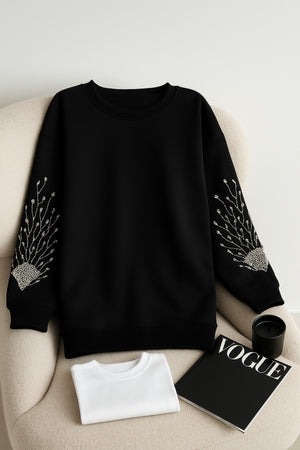Kolları Boncuk Ve Taş İşlemeli %100 Pamuk Sweatshirt - Siyah