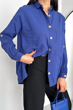 Kadın Ahşap Düğmeli Katlanır Kol Çift Cepli Salaş Dökümlü Bol Kalıp %65 Pamuk %35 Keten Gömlek - Parlament