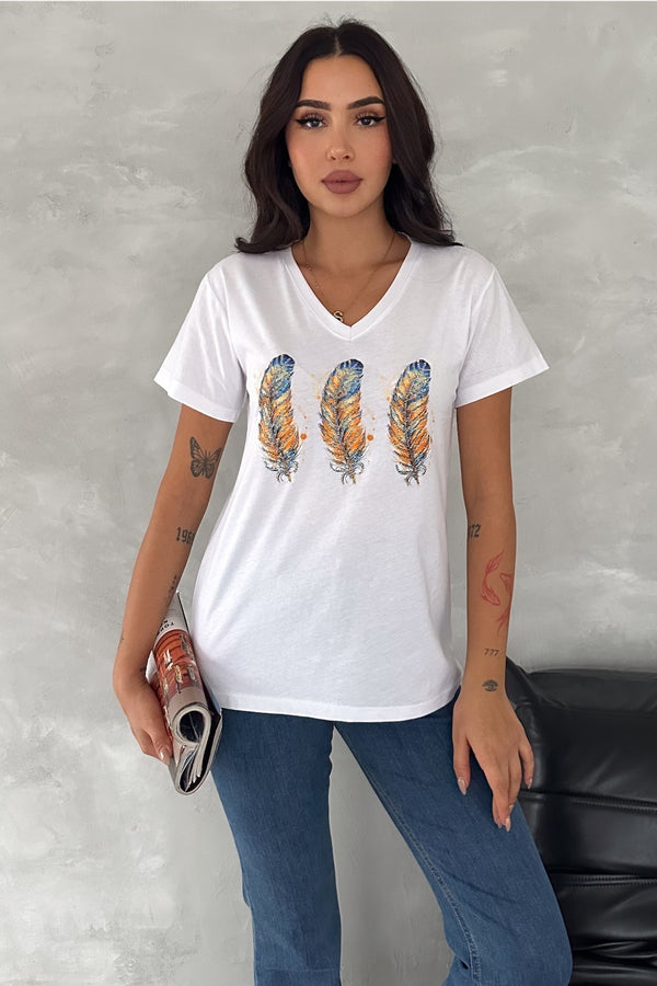 Kadın V Yaka 3 Tüy Pul Payet İşlemeli %100 Pamuk T-Shirt - Beyaz