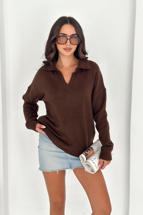 Kadın Polo Yaka Oversize Triko Kazak - Standart Beden Yumuşak Dokulu - Kahverengi