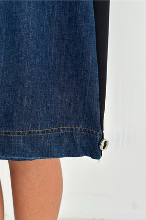 Kadın Sweat Denim Patchwork Elbise Oversize Cepli Büzgülü %100 Pamuk Spor Elbise - Lacivert