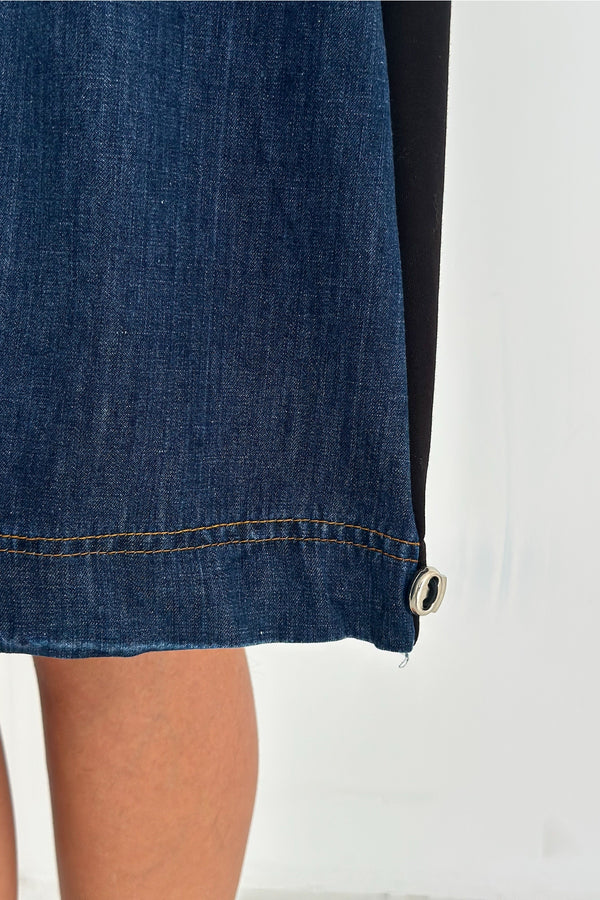 Kadın Sweat Denim Patchwork Elbise Oversize Cepli Büzgülü %100 Pamuk Spor Elbise - Lacivert
