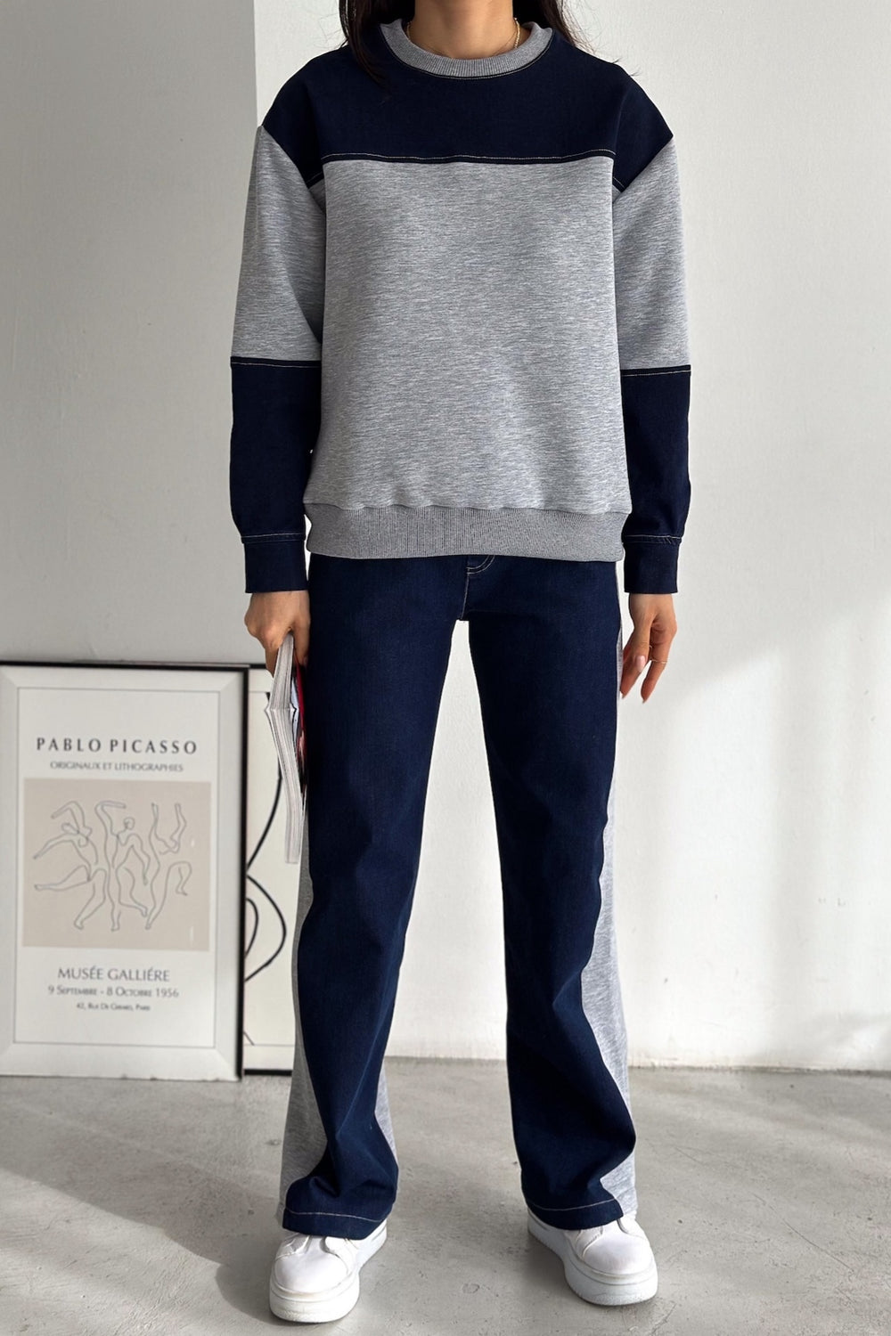 Beli Lastikli Denim Alt-Üst Takım - Gri