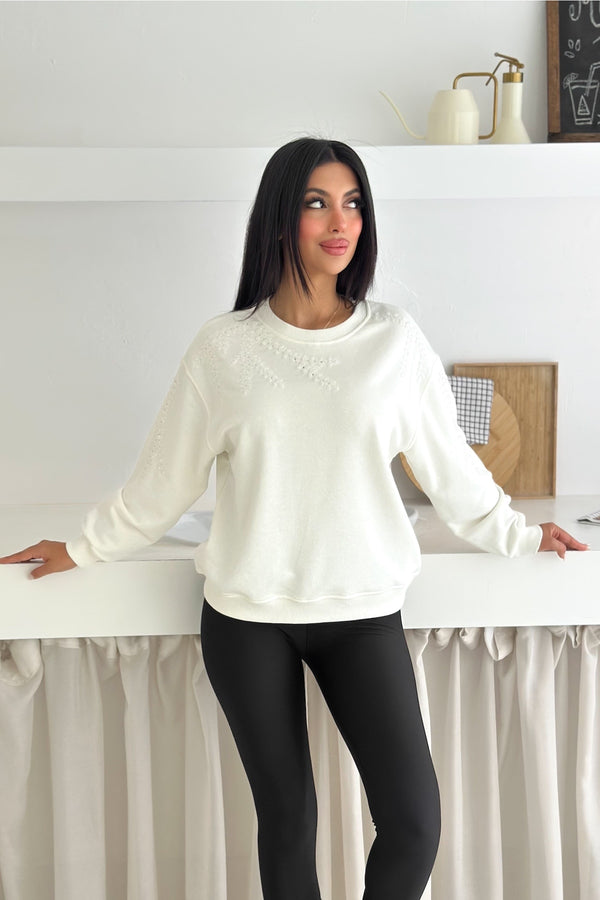 Boncuk Ve Pul İşlemeli %100 Pamuk Sweatshirt - Beyaz
