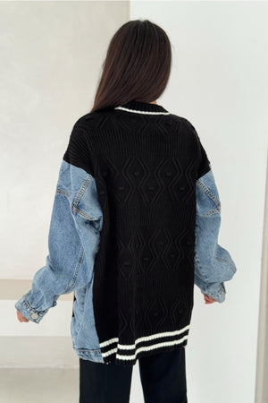 Oversize Jean Cep Ve Kol Detaylı Örme Triko Hırka - Siyah