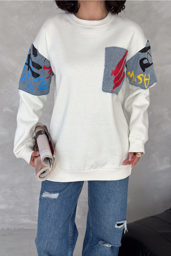 Kadın Kot Detaylı İçi Pamuklu Sweatshirt - Beyaz