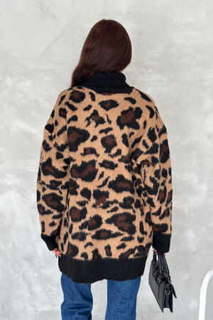 Kadın Desen Standart Beden Oversize Boğazlı Triko Kazak - Leopar