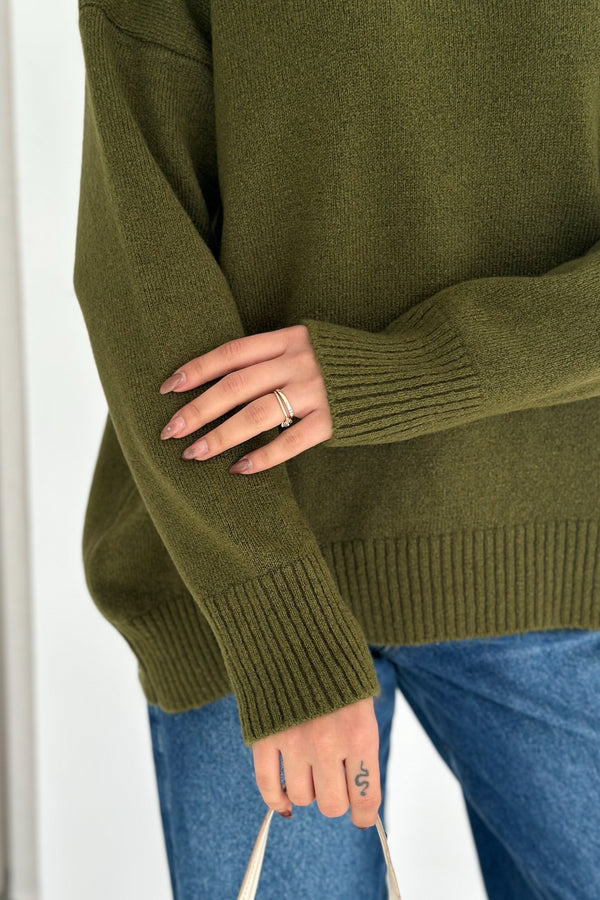 Kadın Standart Beden Oversize Basic Triko Kazak - Haki