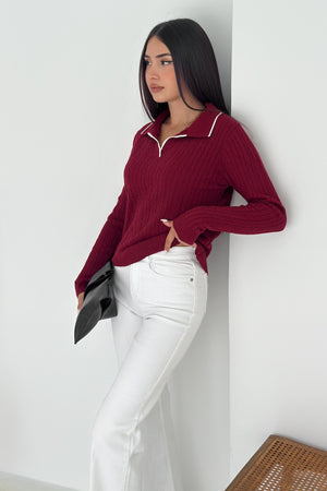 Kadın Polo Yaka Standart Beden Triko Bluz - Bordo