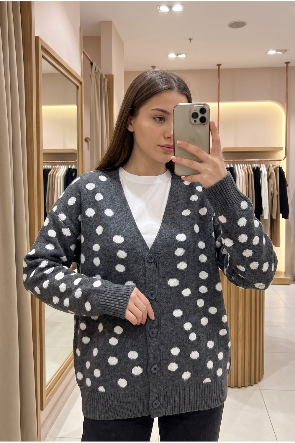 Antrasit Puantiyeli Oversize Triko Hırka Standart Beden - Gri