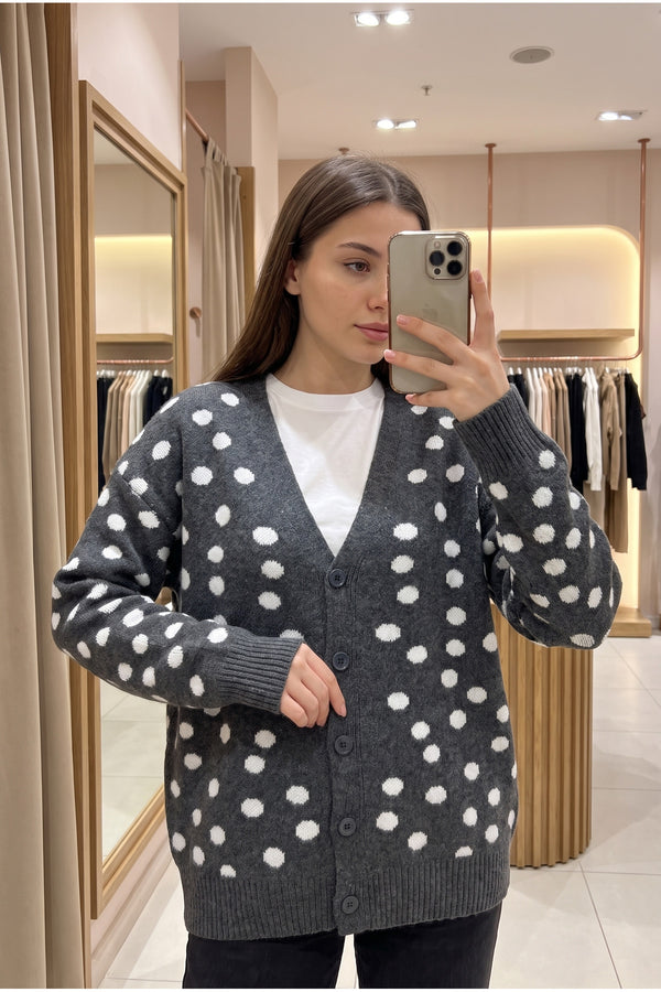 Antrasit Puantiyeli Oversize Triko Hırka Standart Beden - Gri