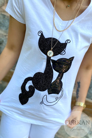 Kadın Kedi Figürlü Pul Işlemeli Pamuk Tişört - Beyaz
