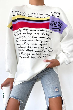Yeni Sezon Selfie Baskılı Pamuklu Oversize Sweatshirt - Beyaz
