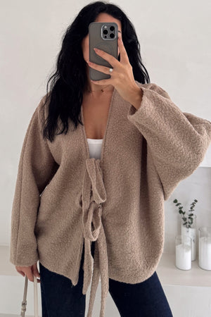 Bürümcük Bağlamalı Oversize Hırka Yarasa Kol Standart Beden - Vizon