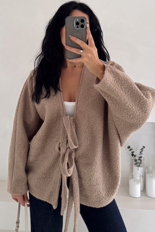 Bürümcük Bağlamalı Oversize Hırka Yarasa Kol Standart Beden - Vizon