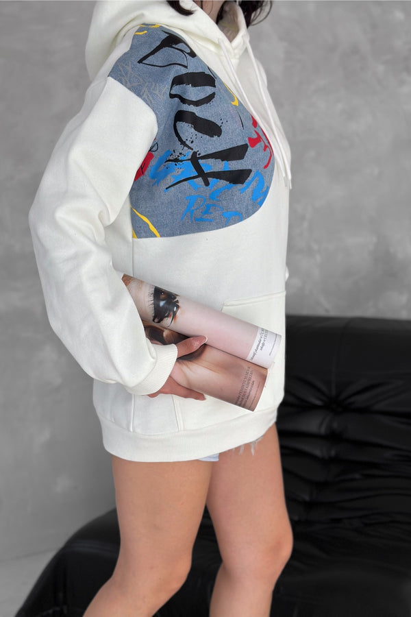 Kadın Kot Detaylı İçi Pamuklu Kapüşonlu Sweatshirt - Beyaz