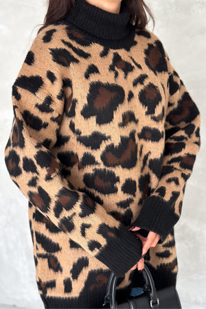 Kadın Desen Standart Beden Oversize Boğazlı Triko Kazak - Leopar
