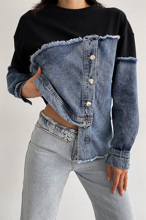 Asimetrik Düğmeli Kot Detaylı Tasarım Sweatshirt - Lacivert