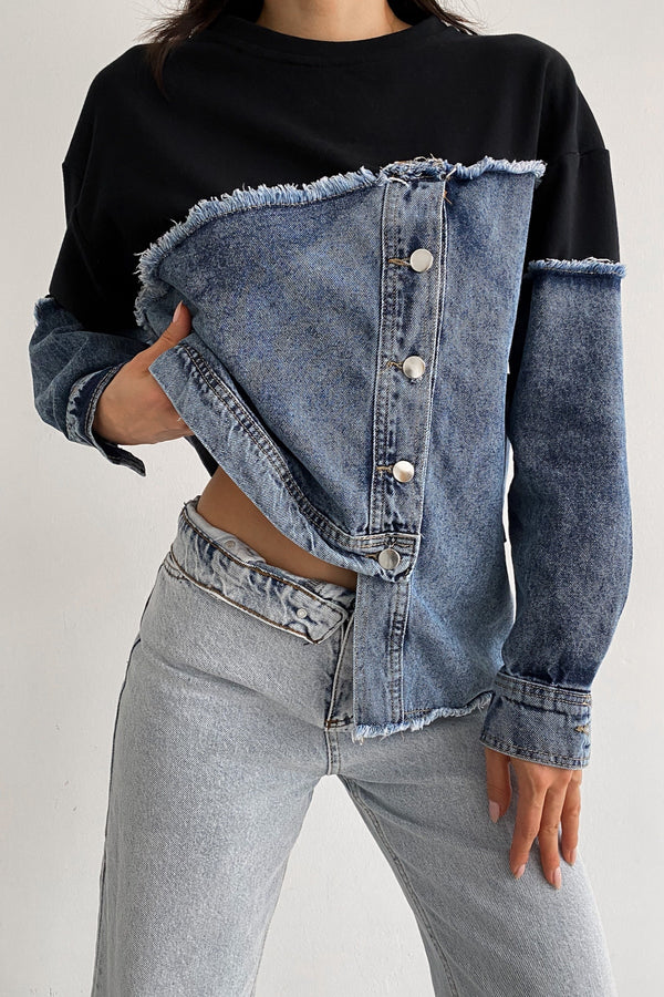 Asimetrik Düğmeli Kot Detaylı Tasarım Sweatshirt - Lacivert