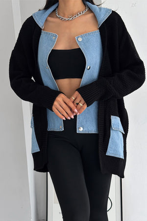 Kadın Standart Beden Çıtçıt Düğmeli Çift Cepli Kot Denim Detaylı Tasarım Oversize Triko Hırka - Siyah