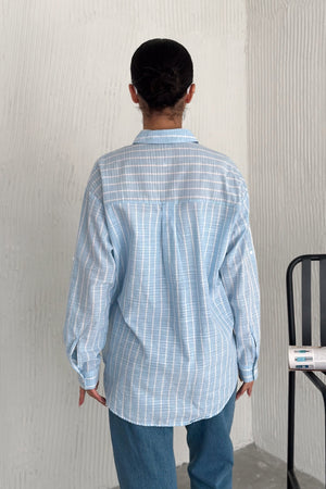Kadın Çizgili %100 Pamuk Oversize Gömlek ( 1 Beden Küçük Alınız ) - Açık Mavi
