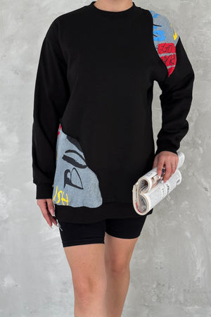 Kadın Beyaz Şardonlu Tasarım Kot Detaylı Sweatshirt - Siyah