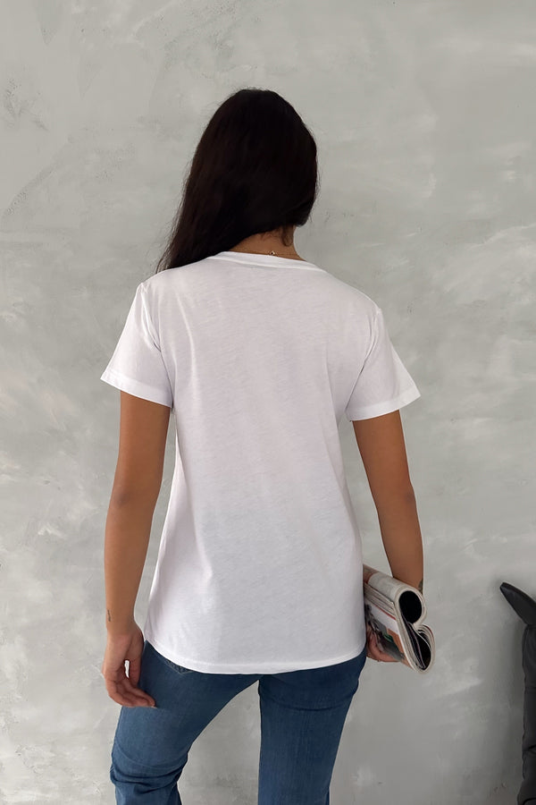Kadın V Yaka 3 Tüy Pul Payet İşlemeli %100 Pamuk T-Shirt - Beyaz