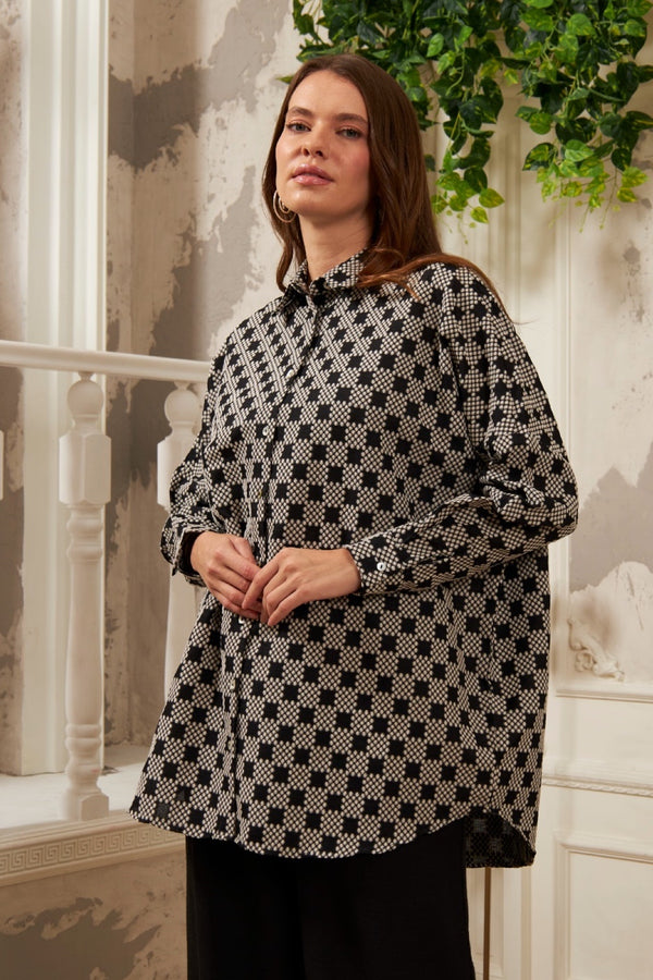 Geometrik Desenli Oversize Büyük Beden Ve Tesettüre Uygun Gömlek - Siyah