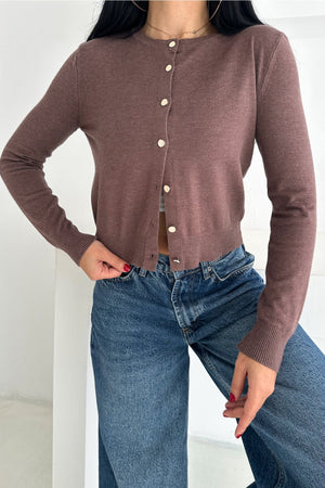Kadın Düğmeli İnce Triko Hırka Standart Beden Basic Model Yumuşak Dokulu - Kahverengi