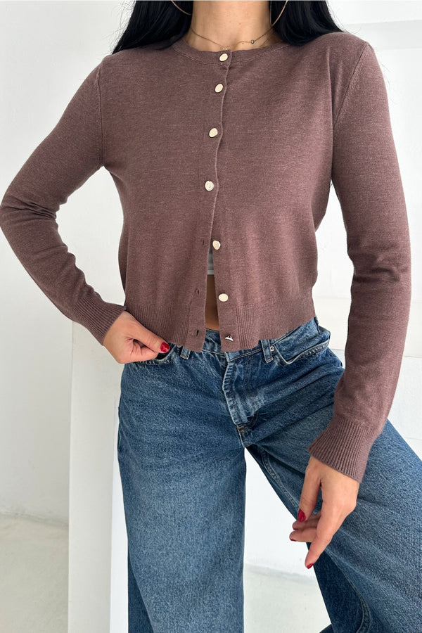Kadın Düğmeli İnce Triko Hırka Standart Beden Basic Model Yumuşak Dokulu - Kahverengi