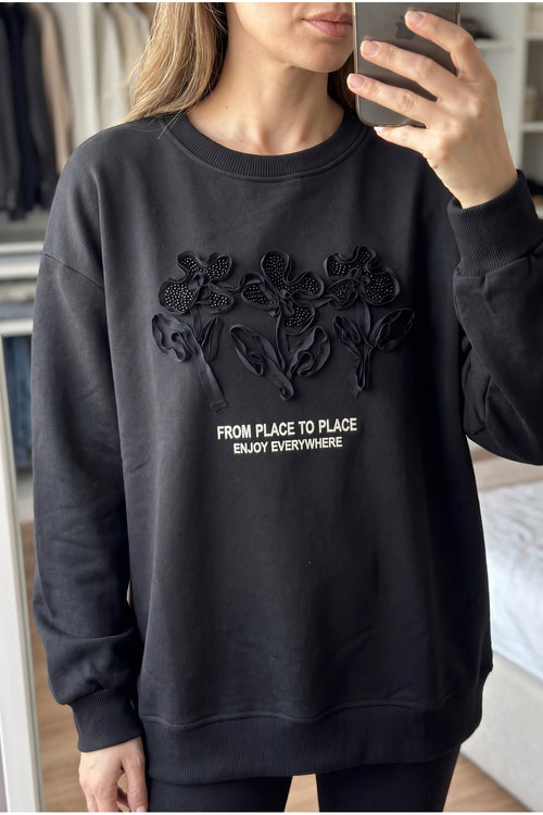 Nakış Ve Boncuk İşlemeli %100 Pamuk Sweatshirt - Siyah