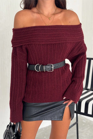 Kadın Standart Beden Madonna Yaka Fitilli Triko Kazak - Bordo