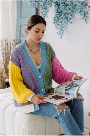 Çok Renkli Salaş Oversize Örme Triko Hırka - Standart Beden - Çağla
