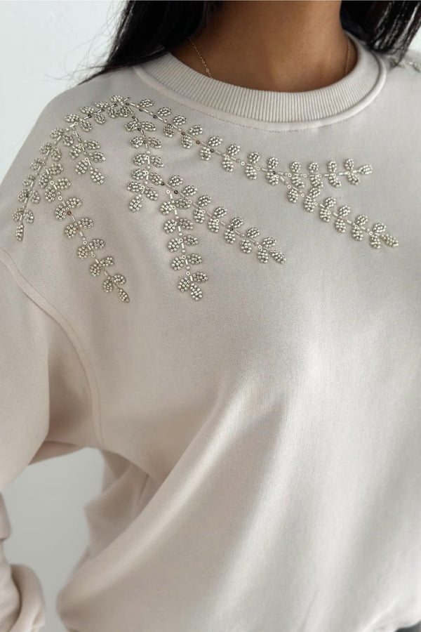 Boncuk Ve Pul İşlemeli %100 Pamuk Sweatshirt - Bej