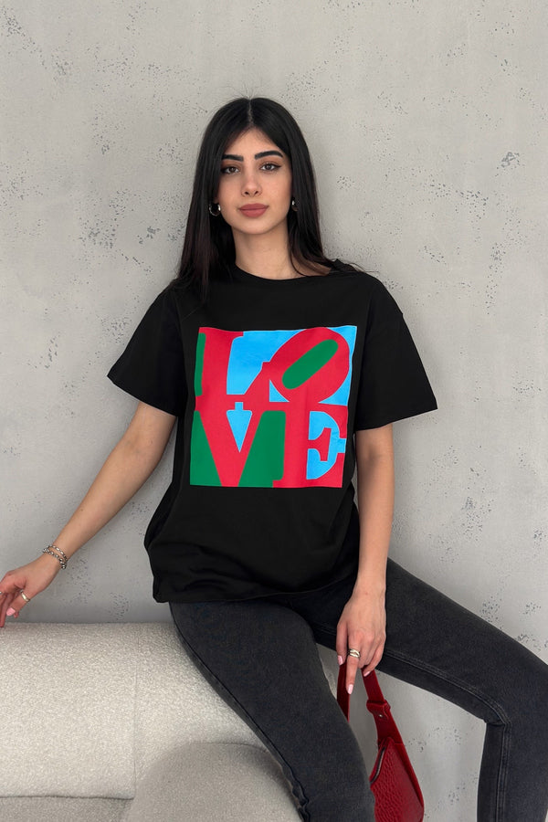 Kadın Love Baskılı Pamuk Tişört - Siyah