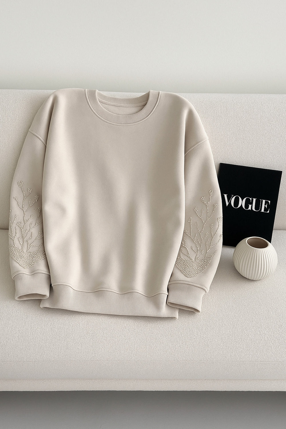 Kolları Boncuk Ve Taş İşlemeli %100 Pamuk Sweatshirt - Bej