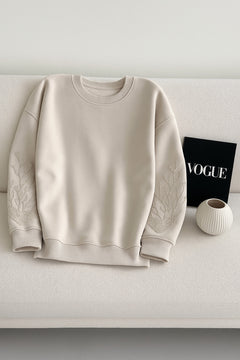 Kolları Boncuk Ve Taş İşlemeli %100 Pamuk Sweatshirt - Bej