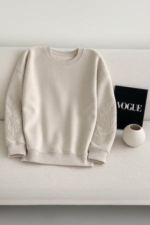 Kolları Boncuk Ve Taş İşlemeli %100 Pamuk Sweatshirt - Bej