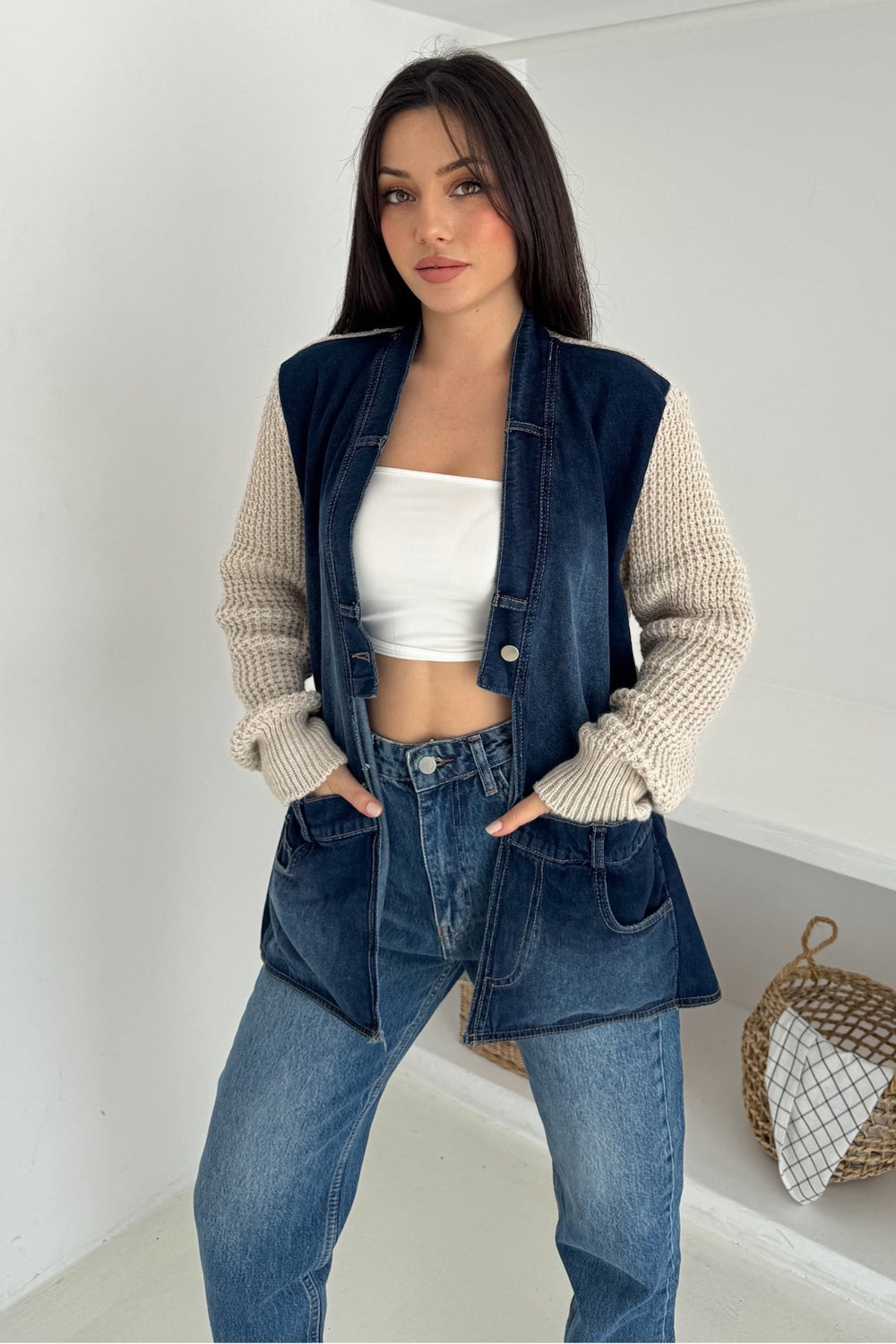 Kolları Ve Sırtı Triko Kot Denim Oversize Hırka Cepli Standart Beden - Bej