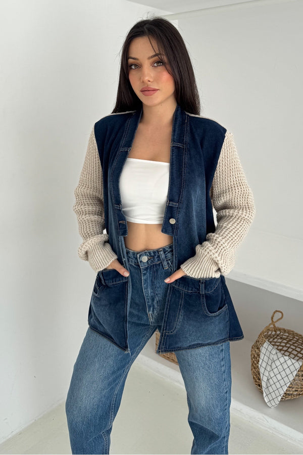 Kolları Ve Sırtı Triko Kot Denim Oversize Hırka Cepli Standart Beden - Bej