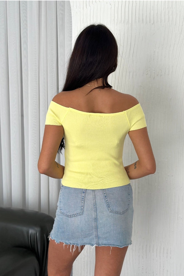 Kadın Standart Beden Triko Crop Bluz - Sarı
